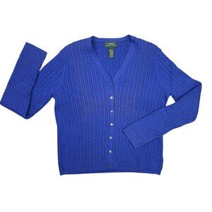LRL Lauren Ralph Lauren Cardigan Sweater Womens Large L Blue V Neck Tight Knit